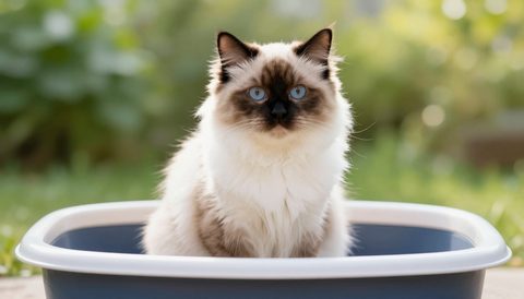 Ragdoll cat next to a litter box, morning light