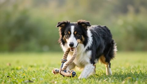 Border collie playing with a rope toy, morning light