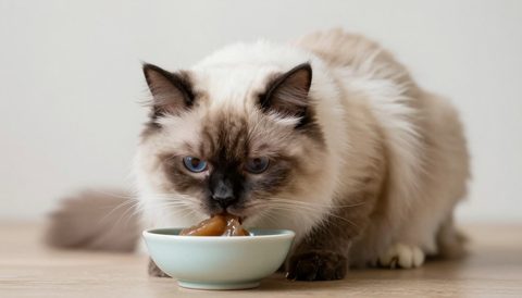 Ragdoll cat eating from a bowl
