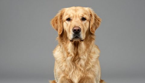Golden retriever sitting, looking at the camera