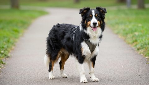 Border collie out for a walk in a harness