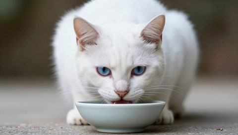 White cat eating from a bowl