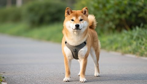 Shiba inu out for a walk in a harness, morning light