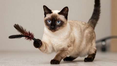 Siamese cat playing with a feather toy