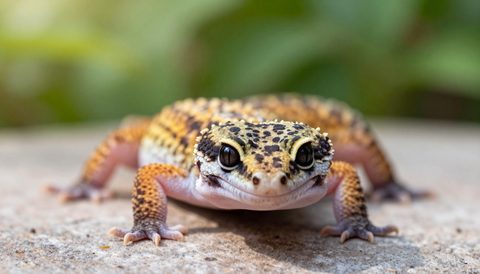 Leopard gecko on a flat stone, morning light