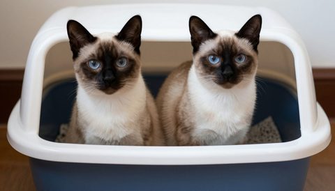 Siamese cat next to a litter box