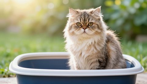 Persian cat next to a litter box, morning light