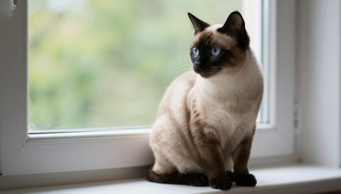 Siamese cat sitting by the window