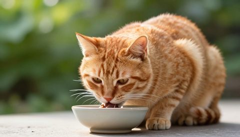 Mèo mướp vàng ăn trong bát, nắng sớm