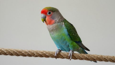 Lovebird playing on a rope perch