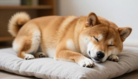 Shiba inu sleeping on a cushion