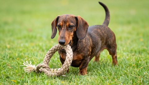 Dachshund playing with a rope toy