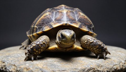 Tortoise on a flat stone, dark background