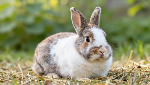 Spotted rabbit resting on hay, morning light