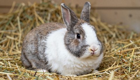 Holland lop rabbit resting on hay
