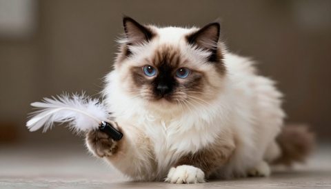 Ragdoll cat playing with a feather toy