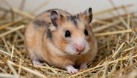 Hamster Syrian nằm trên cỏ khô