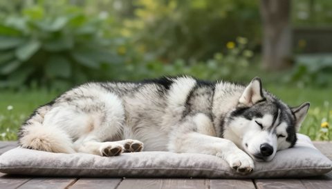 Siberian husky sleeping on a cushion, morning light