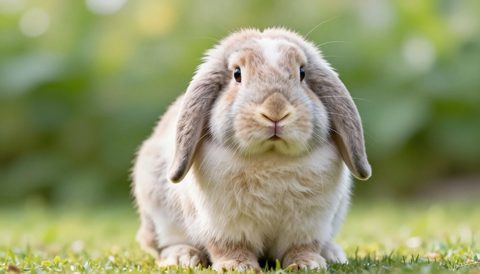 Holland lop rabbit looking at the camera, morning light