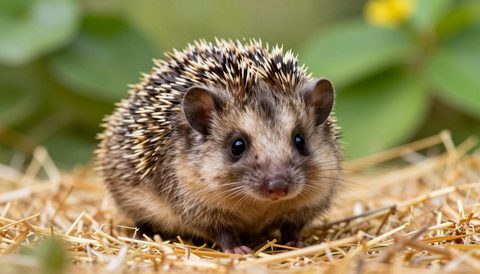 Pygmy hedgehog resting on hay, morning light