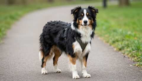 Chó border collie đeo yếm đi dạo