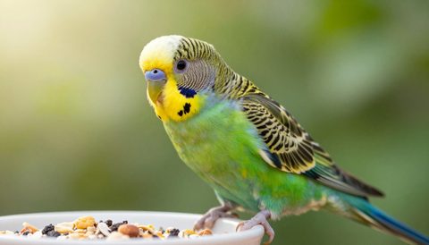 Budgerigar eating seeds, morning light