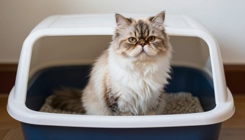 Persian cat next to a litter box