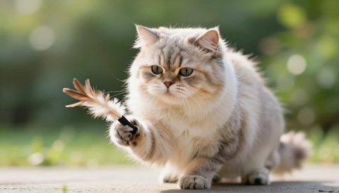 Persian cat playing with a feather toy, morning light