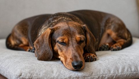 Dachshund sleeping on a cushion