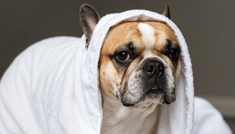 Chó bulldog Pháp quấn khăn sau khi tắm