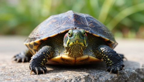 Red-eared slider on a flat stone, morning light