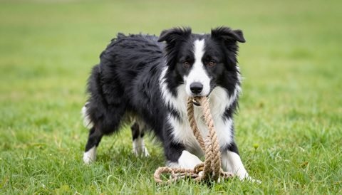 Border collie playing with a rope toy