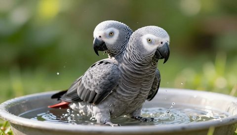African grey parrot bathing, morning light