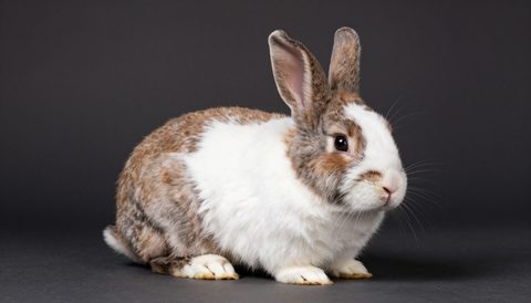 Spotted rabbit in a spacious enclosure, dark background