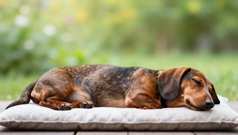 Dachshund sleeping on a cushion, morning light