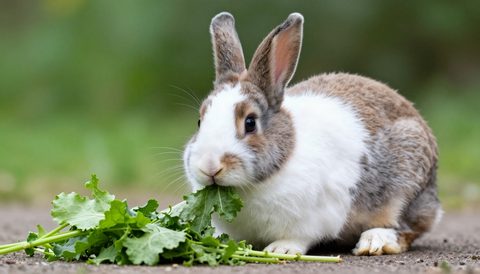 Holland lop rabbit eating fresh greens