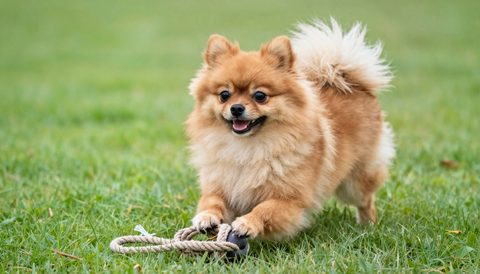 Chó phốc sóc chơi dây thừng trên cỏ