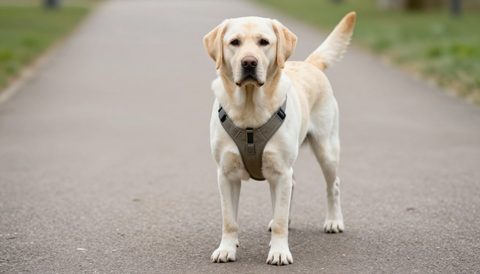 Chó labrador đeo yếm đi dạo