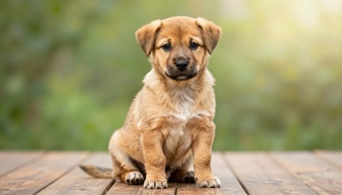 Chó ta lông vàng lúc còn nhỏ, nắng sớm