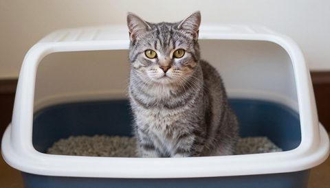 Grey tabby cat next to a litter box