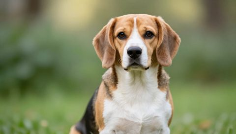 Chó beagle ngồi nhìn thẳng, nắng sớm