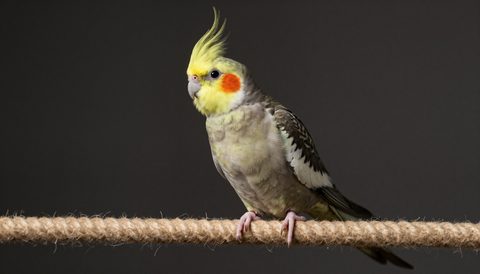 Cockatiel playing on a rope perch, dark background
