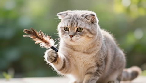 Mèo tai cụp vờn đồ chơi lông vũ, nắng sớm