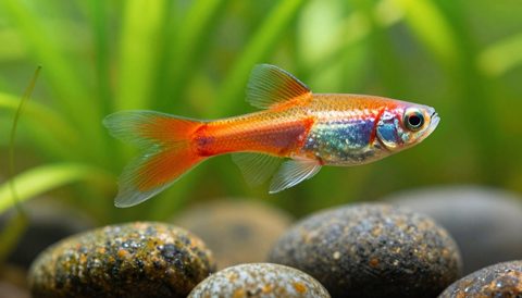 Cá bảy màu bên cây thuỷ sinh, nắng sớm