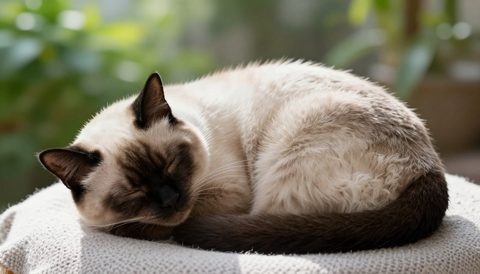 Siamese cat curled up asleep, morning light