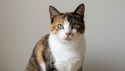 Calico cat sitting, looking at the camera