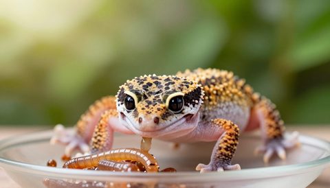 Leopard gecko eating, morning light