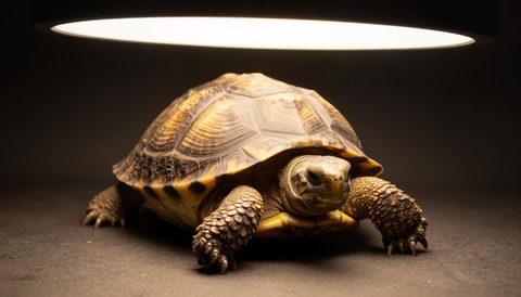 Tortoise basking under a lamp, dark background
