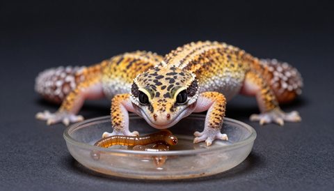 Leopard gecko eating, dark background