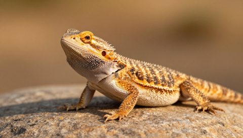 Bearded dragon on a flat stone, golden hour